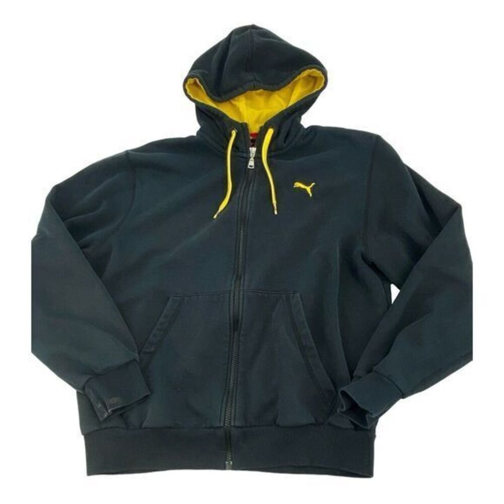 Puma Zipped Hoodie Cotton/Polyester Kangaroo Pocket Black and Yellow Mens‎ M